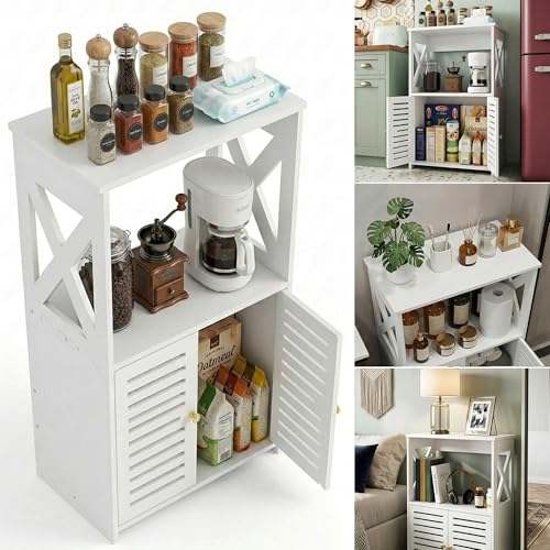 BYFU 3-Tier Bathroom Floor Cabinet with Door and Shelf, 14.2" W x 24.4" H | White Small Storage, Freestanding Organizer, for Living Room, Hallway, Kitchen, Easy Assembly