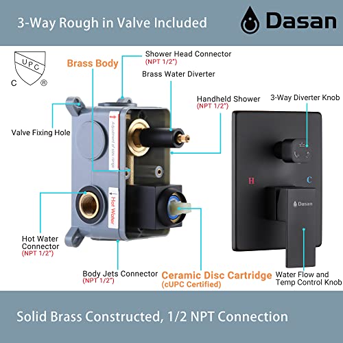 Matte Black Shower System with 4 PCS Shower Body Spray Jets & 12’’ Ceiling Shower Head & Handheld Spray, DASAN Full Body Shower Faucet System with Jets Rainfall Shower Combo Set, SA-SS03BMB-S12C - color: Matte Black