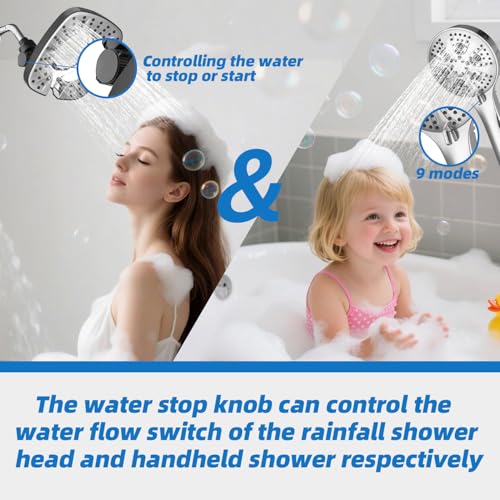Shower Head with Handheld Spray Combo 2 in 1 Rainfall High Pressure with 59" Rotatable Stainless Steel Hose 9 Spray Modes Detachable Silver - color: Silver