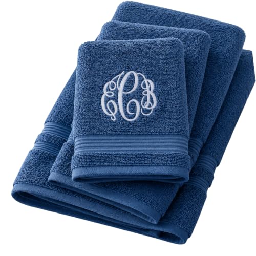 Monogrammed Towel Set, Bath Towel, 2 Hand Towels (Navy) - color: Navy