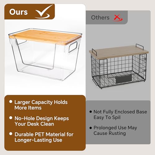 2 Set Pantry Organizers and Storage with Bamboo Lids, Stackable Clear Bins for Onion, Potato, Fruit, Vegetables, Trash Bag Dispenser, Kitchen and Under Sink Organizer - size: 2 Pack Large