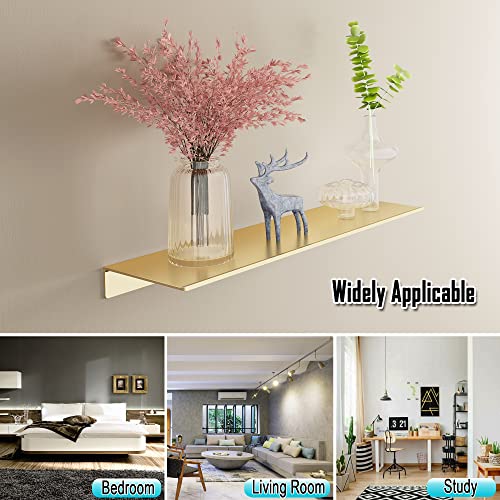 HNVNER Brushed Gold Floating Wall Shelves 2 Packs, Shower Shelf 15.7x4.9 | Anodized Aluminum, Rustproof, No Drilling Option, Adhesive Display Ledge for Bedroom, Living Room, Bathroom, Home Office - color: Brushed Gold, size: 15.6 x 4.9 inch