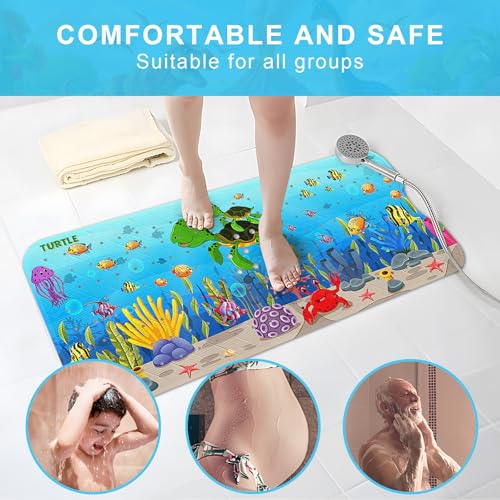 Baby Bath Mat for Tub Non Slip Kids, BPA Free Extra Long Bathtub Mat 40x16 with Drain Holes and 200 Suction Cups, Non Toxic Machine Washable Toddler Bath Mat, No Fading, Turtle - color: U-turtle 2