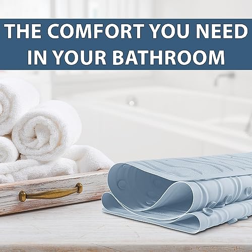 ComfiLife Bath Mat for Bathroom Tub and Shower – Non Slip Extra Large Bathtub Mat with Drain Holes & Suction Cups – Machine Washable Rubber Mats to Keep Bathtub Clean (Light Blue, Wave 16" x 40")