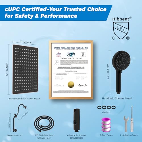 Hibbent High Pressue All Metal 12" Rainfall Shower Head, Handheld 10-Spray | cUPC Certified Oil-Rubbed Bronze Dual Showerhead Combo, 4-way Diverter with Pause Mode, Extension Arm, 71'' Hose & Holder - color: Oil Rubbed Bronze, style: Square 12"