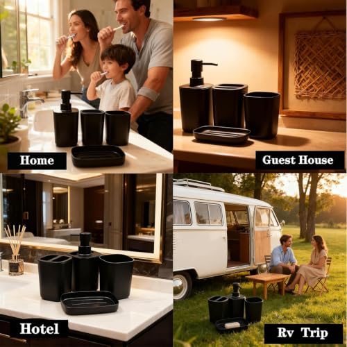 LGURT Matte Black Bath Accessories Set — 4-Pc Dispenser, Holder & Cup | Compact 4-piece matte black bath set. 10oz dispenser, toothbrush holder, cup & dish. Countertop-friendly. Budget-friendly. - color: Matte Black