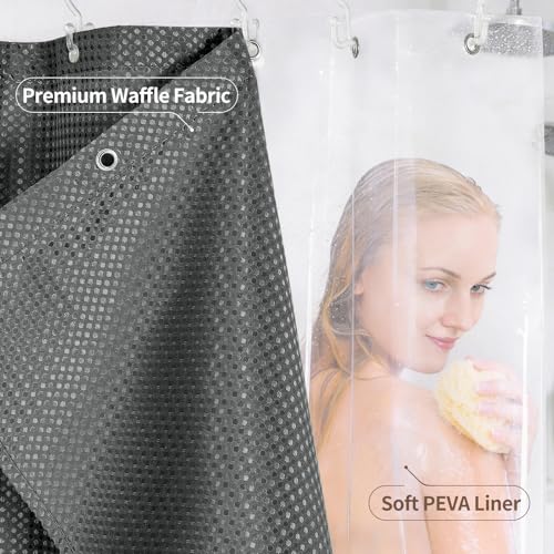 QiyI 3 in 1 Waffle Shower Curtain Set with Liner, Charcoal Grey, 72 x 72 | Shower Curtain and Liner Set with Hooks, Waterproof Bathroom Curtain with PEVA Liner & 12 Double Sided Clear Plastic Rings - color: Charcoal Grey, size: 72"W x 72"L (Pack of 1)