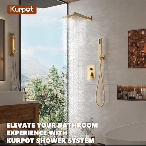 Kurpot Gold Shower System, 10'' Square Rainfall Shower Head with Handheld Combo Spray, Bathroom Brushed Gold Shower Faucet Set with Valve, 59'' Shower Hose, Shower Trim Kit and Diverter, Wall Mounted - color: Brushed Gold