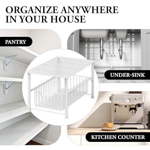 Simple Houseware Wired Stackable Under Sink Cabinet Sliding Basket, White | Free Standing Organizer Drawer, Kitchen/Pantry/Cabinet/Counter - color: White