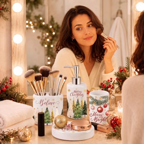 4 Pcs Christmas Ceramic Bathroom Accessories Gifts Xmas Tree Bath Tumbler Soap Dispenser Toothbrush Holder Soap Tray Merry Xmas Bathroom Decorations (White Merry Christmas) - style: White Merry Christmas