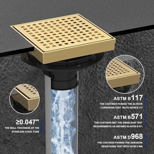 6 Inch Brushed Gold Square Shower Drain with Removable Grate | AISI 304 Stainless Steel Shower Drain, Shower Floor Drain with Hair Catcher & ABS Flange, Fits Bathroom & Balcony etc - color: Brushed Gold, size: 6 in