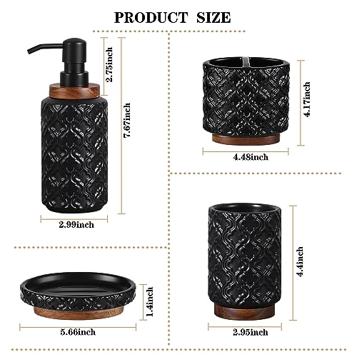 RQYIXI Ceramic 4-Piece Bathroom Accessories Set,Matte Black | Countertop Essentials Embossed Textured Design Solid Wood Non-Slip Detail Matte Black Finish - color: Black, size: Embossed Textured-4-Piece