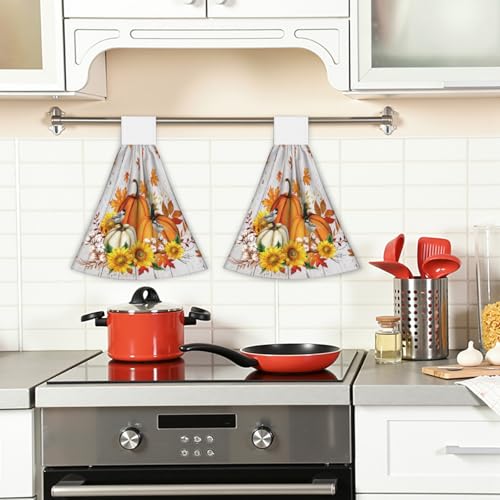 Giwawa Autumn Pumpkin Kitchen Hanging Towel Set of 2 Sunflower Wood Fingertip Dish Tie Towels Fast Drying Washcloth for Bathroom Laundry Tabletop - color: Autumn Pumpkin Wood