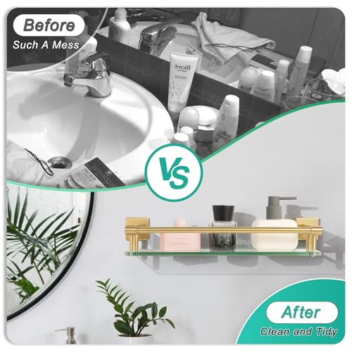 Glass Shelf for Bathroom Rectangular Stainless Steel Tempered Glass Modern Stainless Steel Wall Mount Shelf (Brushed Gold, 16‘’ with Railing) - color: Brushed Gold, size: 16'' with Railing