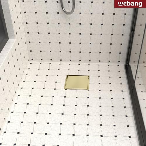 6 Inch Square Shower Drain Gold Floor Drain with Flange Reversible 2-in-1 Cover Tile Insert Grate Removable SUS304 Stainless Steel CUPC Certified Brushed Gold - color: Brushed Gold, size: 6 Inch