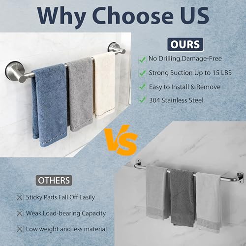 Towel Racks for Bathroom Suction Cup Towel Bar 14.6-24in Adjustable | No Drill Bathroom Towel Holder, Stainless Steel Construction, Heavy Duty Wall Mounted (silver) - color: Silver