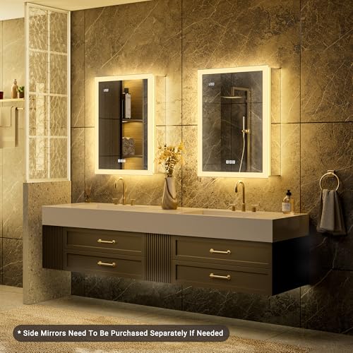 20x26 Medicine Cabinet Mirror with Double Lights & Clock, Front+Backlit Surface or Recessed Fogless Lighted Medicine Cabinet Mirror, 155°Soft-close Right Hinge,Time-Display,Outlet,Inner Light - size: 20x26'' (Right Hinge)