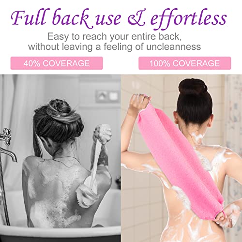Moukeren Exfoliating Back Scrubber with Handles 4 Pack Nylon Back Exfoliator Extended Length Washers Scrubbers Stretchable Pull Strap Exfoliating Washcloth(Pink, Purple) - color: Pink, Purple
