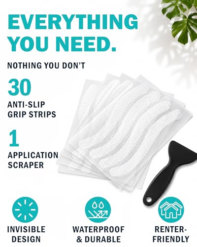 Anti-Slip Shower Stickers, Non-Slip Bathtub Appliques, Tub & Bath Strips | 30-Pack for Fuller Coverage | White, Low-Profile Design | Includes Scraper for Easy Application - color: White