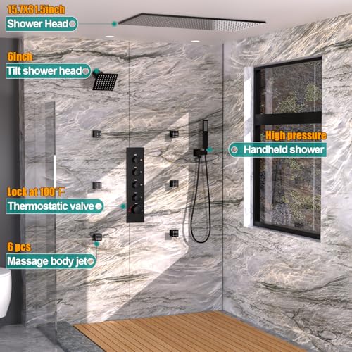 HOMEDEC 15.7x31.5" Ceiling Mounted Rainfall and 6" Wall Mounted Shower Heads with 6 Body Jets, Dual Shower Head System Rain Shower Faucet Set, Black - color: Black, style: 4-Way + 1x 6" Top