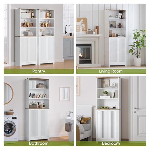 Smart FENDEE 66.77“ Tall Bathroom Storage Cabinet with 3 Open Shelves & Concealed Closed Storage, Farmhouse Freestanding Cabinet with Louvered Doors for Bathroom, Laundry Room, Kitchen - size: 66.77" Tall Floor Cabinet