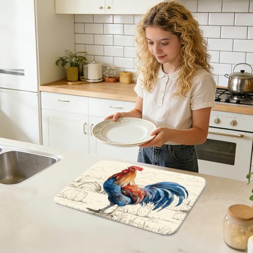 1pc Rooster Dish Drying Mat 23.6x17.7 Inch/60x45cm Microfiber Polyester Cotton Chicken Dishes Drainer Mat Absorbent Draining Pad Heat Resistant Coffee Bar Counter Mat With Hanging Loop Vintage - style: Rooster