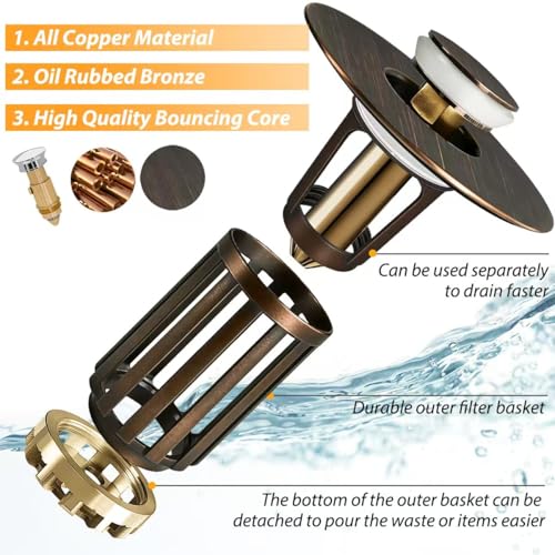 Anlige 3 in 1 Pop Up Bathroom Sink Stopper, Bathroom Sink Drain Strainer, with Removable Basket Hair Catcher, Universal Sink Plug Cover for 1.06 in to 1.6 in Drain, Oil Rubbed Bronze - color: Oil Rubbed Bronze