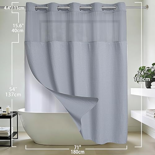 Conbo Mio No Hook Waffle Weave Shower Curtain with Snap in Liner Set, Hotel Luxury Grey Shower Curtains for Bathroom with See Through Top Window, Waterproof, Washable 71W x 74H - color: Waffle-grey, size: 71"W x 74"L (Pack of 1)