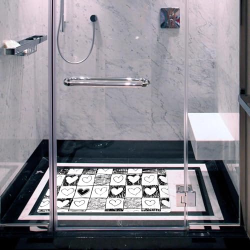 Doodle Checkerboard Texture with Hearts Bath Tub and Shower Mats, Non Slip Bathmat with Drain Holes and Suction Cups for Bathroom Floor, 15.1 x 26.8 Inch - color: Multi 09