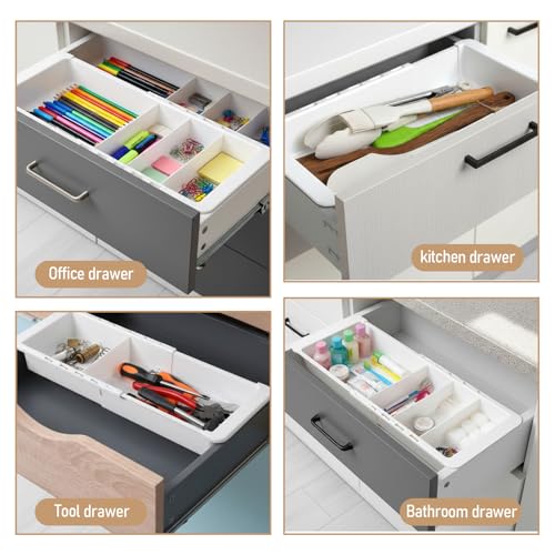 2Pcs Expandable Sliding Drawer Tray with Adjustable Dividers | Plastic Deep Desk Drawer Dividers Organizers Expandable 11.4 to 18.1 Inches For Utensils Office Bathroom Bedroom Kitchen