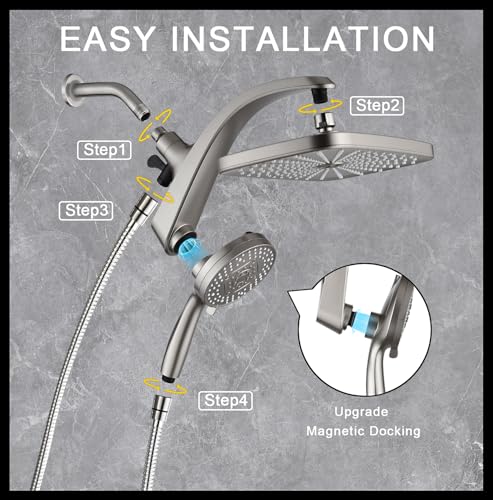 12" High Pressue Rain Shower Head with Handheld, 9 Sprays Hand Showerhead | Shower Heads with Handheld Spray Combo, Dual Head, Built-in Magnetic Docking, Power Jets, 59" Shower Hose, Nickel 1.75GPM - color: Nickel
