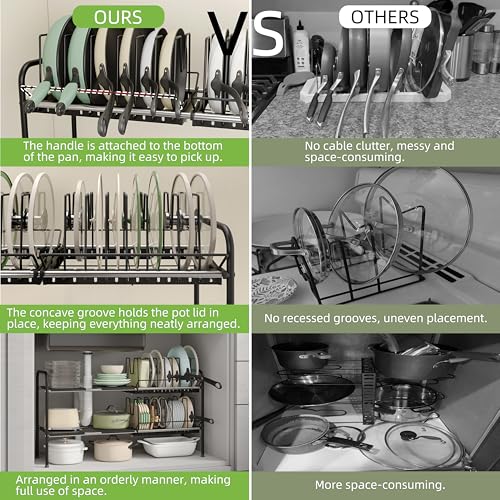 Expandable Under Sink Organizer,Pot and pan Organizer Under Cabinet | Pan Lid Organizer,Expandable Storage shelf with 2 Pan Racks(14 Dividers)and 4 Removable Panels,Adjustable partition height - size: Multi-functional with 2 pot holders