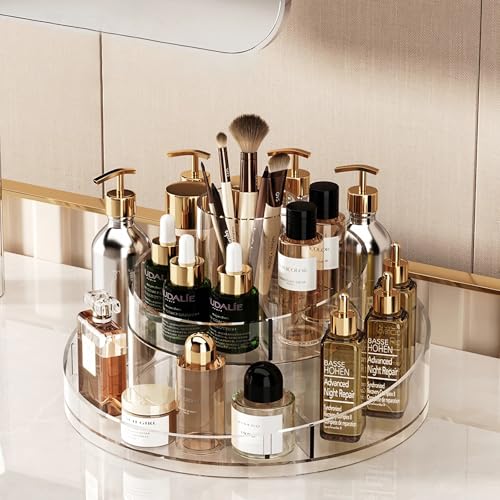 Taiuloo 360 Rotating Makeup Organizer, Clear Acrylic Lazy Susan Cosmetic Storage Turntable for Skincare, Perfume & Lipstick, Round Spinning Tray with Brush Holder for Vanity, Bathroom