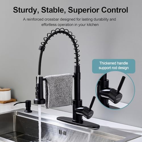 Kitchen Faucets with Pull Down Sprayer and Soap Dispenser, Matte Black Stainless Steel Single Pull Out Spring Sink Faucet, 3 Function Sprayer 1 or 3 Hole Deck Plate for Farmhouse Rv Bar - color: Matte Black, style: Classic(with Soap Dispenser)