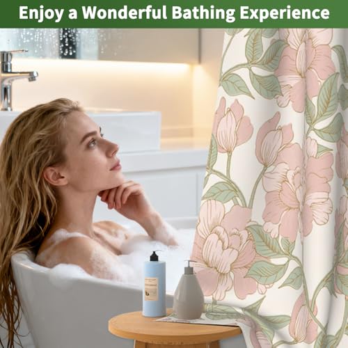 Pink Floral No Hook Shower Curtain and Liner Set, Double-Layer Waterproof Shower Curtains for Bathroom, Washable Shower Curtain with Snap in Liner, Weighted Bottom and Mesh Top Window, 71x74 Inches - color: Pink Flowers