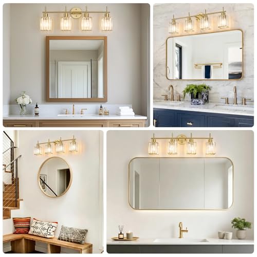 Brushed Gold Bathroom Light Fixtures, Square, 4-Light | Vanity Lights with Crystal Shades, Modern Bathroom Lighting Fixtures over Mirror (Bulbs Not Included, E26) - color: Brushed Gold (Square), size: 4-Light