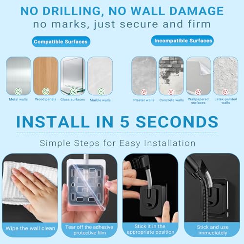 Strong Adhesive Shower Head Holder Adjustable, Black Handheld Shower Holder Wall Mount, Waterproof Bathroom Shower Wand Holder for Hand Held Showerheads, Rv, No Drilling, Ideal for Families & Renters