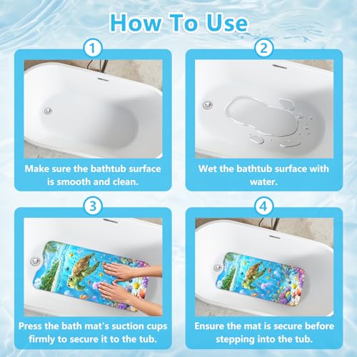 Kids Bath Mat for Tub Non Slip – 40"x16" Cute Cartoon Turtle Baby Bathtub Mats, Machine Washable, Extra Long Tub Mats with Suction Cups & Drain Holes Non Slip Baby Shower Mat for Toddler Bath(Turtle) - color: Turtle1