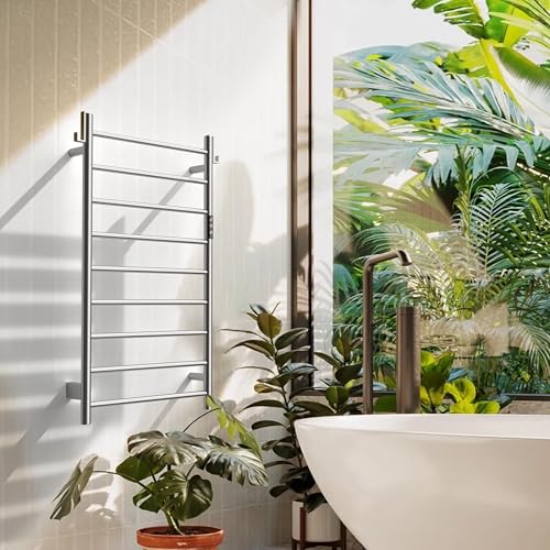 Z&Zhanle Heated Towel Rack for Bathroom,Wall Mounted Electric Towel Rack with Timer and LED Indicator, 9-Bar Towel Warmer, Stainless Steel Polished, Hard-Wired/Plug-in