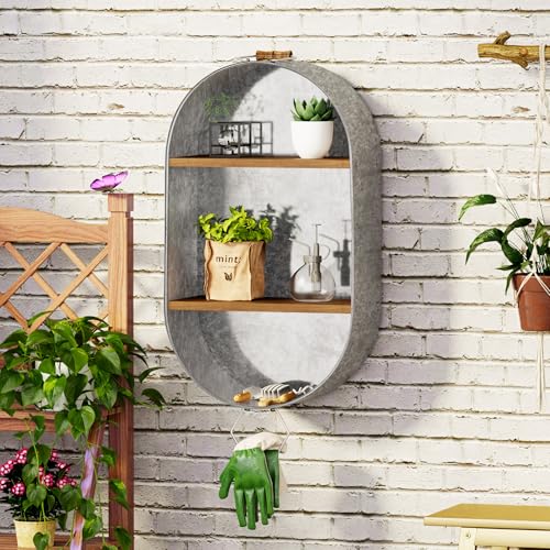 Oakrain Farmhouse Towel Rack, Wood Wall Shelf Galvanized Wash Tub | Rustic Towel Holder, Decorative Hanging Shelf for Bathroom, Lavatory, Entryway - size: R-Oval