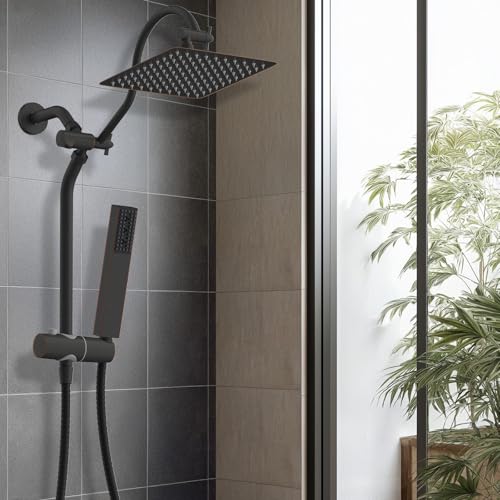 Hibbent 10'' Rainfall Shower Head with 4-Spray Handheld, Oil Rubbed Bronze | cUPC Certified High Pressure Showerhead Combo, 12'' Adjustable Extension Arm, Extension Bar, Easy Reach Holder, 71'' Hose - color: Oil Rubbed Bronze, style: Square 10''