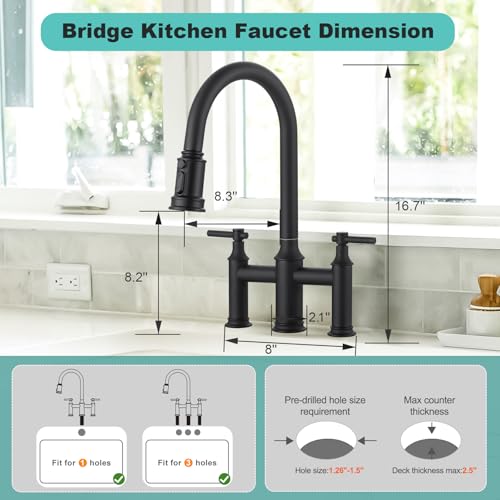 Matte Black Bridge Kitchen Faucet: 3 Holes Brass Bridge Faucet with Pull Down Sprayer - Two Handles 8 Inch Centerset Kitchen Sink Faucet, 360° Swivel Spout - color: Matte Black