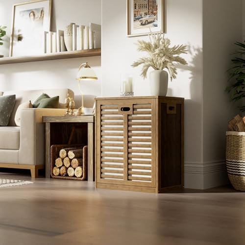 HITNET Bamboo Tilt Out Laundry Hamper, Bathroom Storage Cabinet with Hidden Removable Basket and 3 Sides Cutout Handles, Freestanding Hamper Organizer for Dirty Clothes, Walnut - color: Walnut