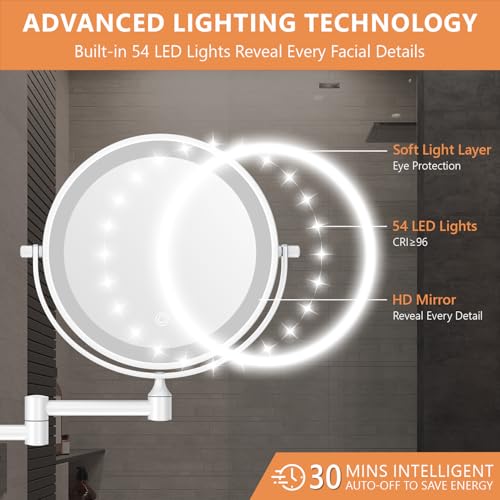Auxmir 1X/30X Wall Mounted Makeup Mirror, 8" Rechargeable Magnifying Mirror | double-sided button, 3200mAh, 3 dimmable colors, 360° rotation, extended arm, 30X magnification, bathroom, white - color: 8'' 30x-white