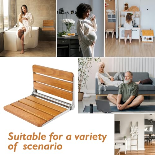 Folding Shower Seat Wall Mounted Shower Bench Teak Folding Shower Chair Wood Seat 316 Stainless Steel Frame Fold Down Shower Seat 600 lbs,1 Pack - color: Teak Wood