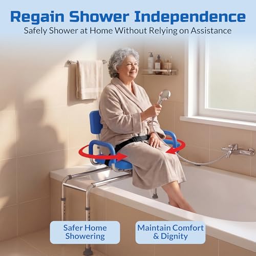 Carousel Sliding Shower Chair Tub Transfer Bench with Swivel Seat, Bariatric, Premium Padded with Pivoting Arms, High Capacity, Heavy Duty for Tubs, Inside Shower, for Handicap & Seniors, Blue | Slide Safely In & Out of the Tub - Blue, padded seat, padded