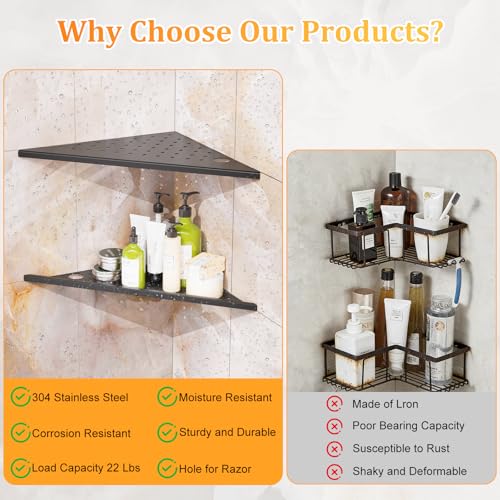 Corner Shower Shelves 2-Pcs, 10” Rustproof 304 Stainless Steel Shower Corner Shelf with Razor Holder, Recessed Bathroom Shower Shelf for Tiled Wall