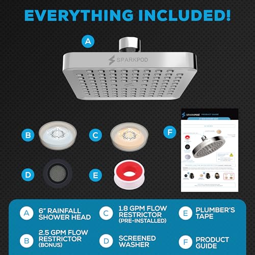 SparkPod Rain Shower Head, 6 Inch Square, Luxury Polished Chrome Finish | High Pressure Shower Heads, 90 Nozzles, Adjustable Showerhead, No Tools Needed, Universal Connection - color: Luxury Polished Chrome, style: 6 Inch Square