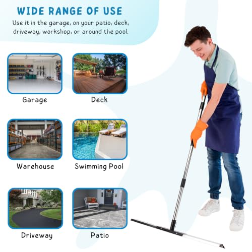 Floor Squeegee for Concrete Water Removal, 31'' Large Heavy Duty Water Pusher with Splash Guard for Garage, Deck, Driveway, Pool, Patio, Tile, 55.5’’ Long Handle Commercial Outdoor Rubber Squeegees - size: 31in