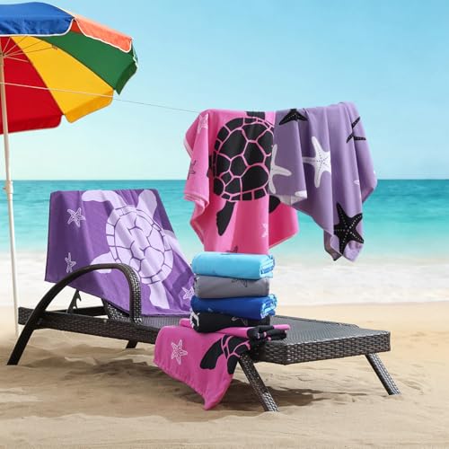 Oversized Beach Towels 4 Pack,40”x70” Microfiber Thin Large Beach Towel Set for Adults Travel Camping Swimming,Turtle Starfish Them Sand Free Quick Dry Lightweight XL Pool Towels -Purple & Rose Red - color: Purple, Rose Red